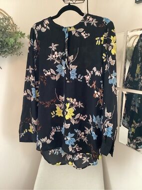 Apt. 9 Black Floral Blouse with Blue and Yellow Blooms